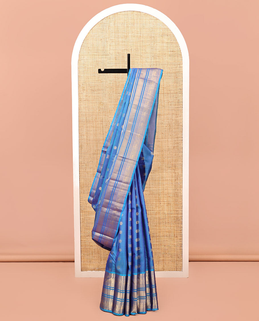 Blue Iruthalai Pakshi and Checked Kanchipuram Silk Saree, a Zari Border of Rekku, Kathir, Rudraksham, Yaali, Mayil Kann, Neli, Kamalam and Mayil Designs, Jaal Pallu, and a Matching Blouse