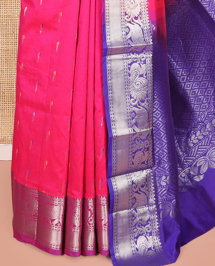 Pink Kuppadam Cotton Saree, Highlighted with Muniya Buttas All Over Its Body, Complemented by a Contrast Border of Elephant-Peacock Designs in Zari, Grand Jaal Design Pallu, and Paired with a Contrast Blouse