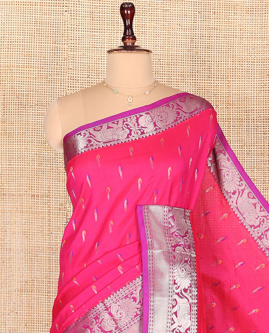 Pink Kuppadam Cotton Saree, Highlighted with Muniya Buttas All Over Its Body, Complemented by a Contrast Border of Elephant-Peacock Designs in Zari, Grand Jaal Design Pallu, and Paired with a Contrast Blouse
