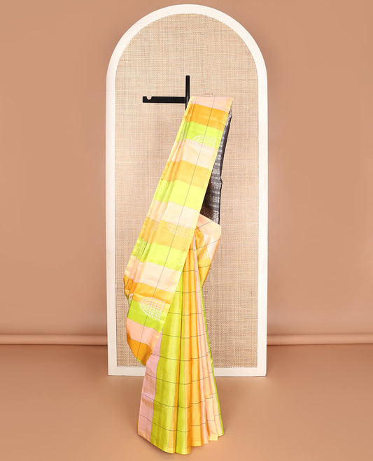 Borderless multi-color checked soft silk saree with buttas, contrast floral zari design pallu