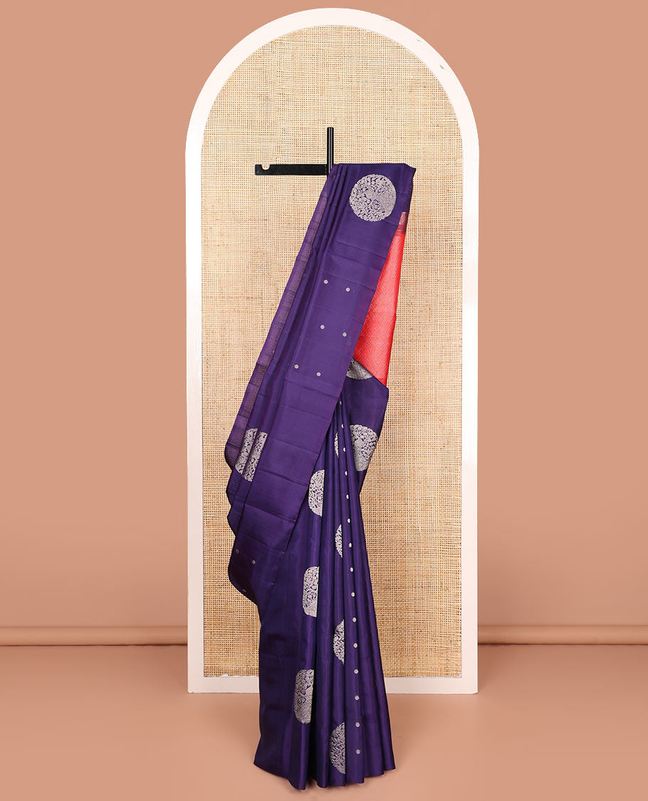 Borderless blue round buttas soft silk saree, contrast pallu steeped with rudraksham motifs