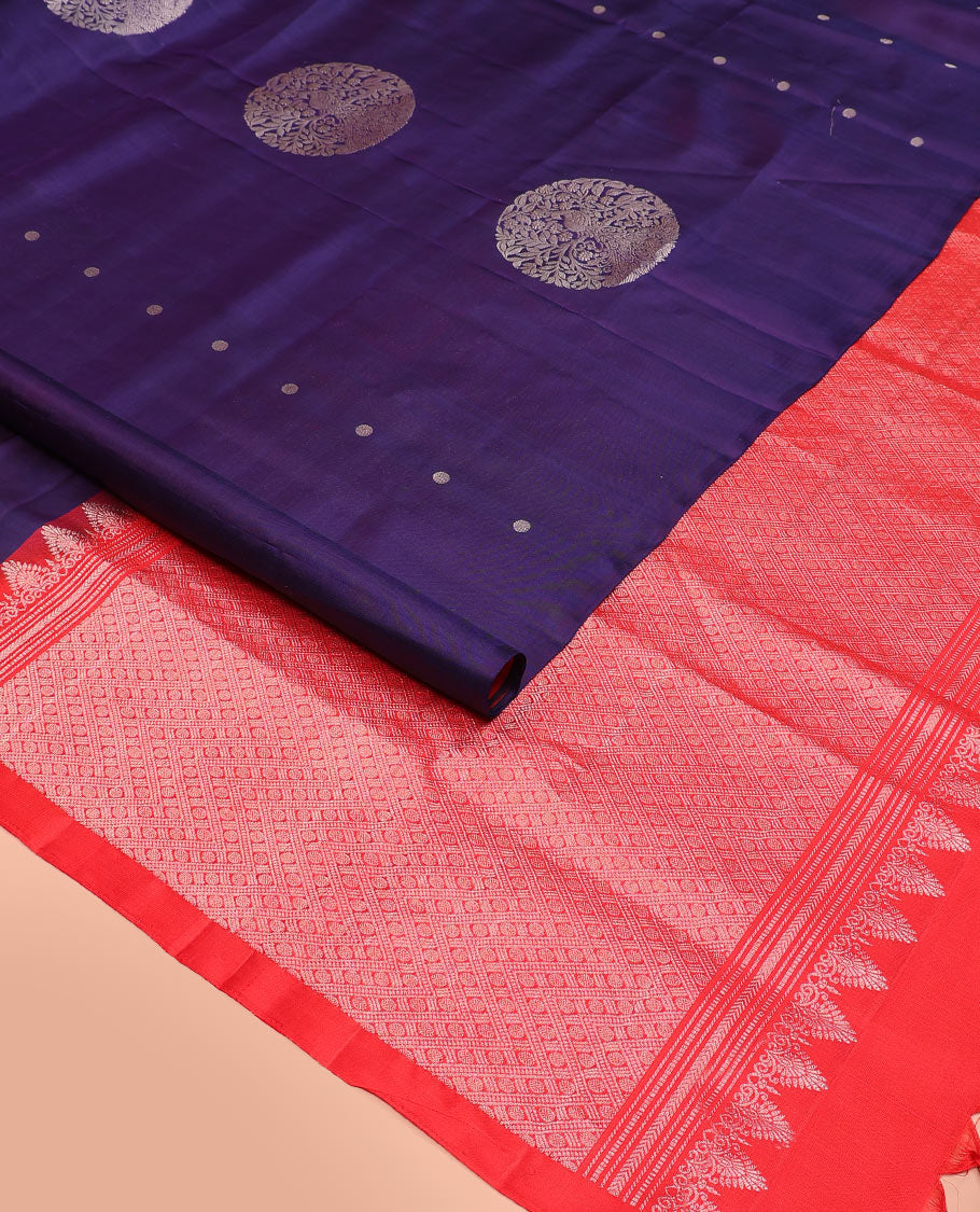 Borderless blue round buttas soft silk saree, contrast pallu steeped with rudraksham motifs