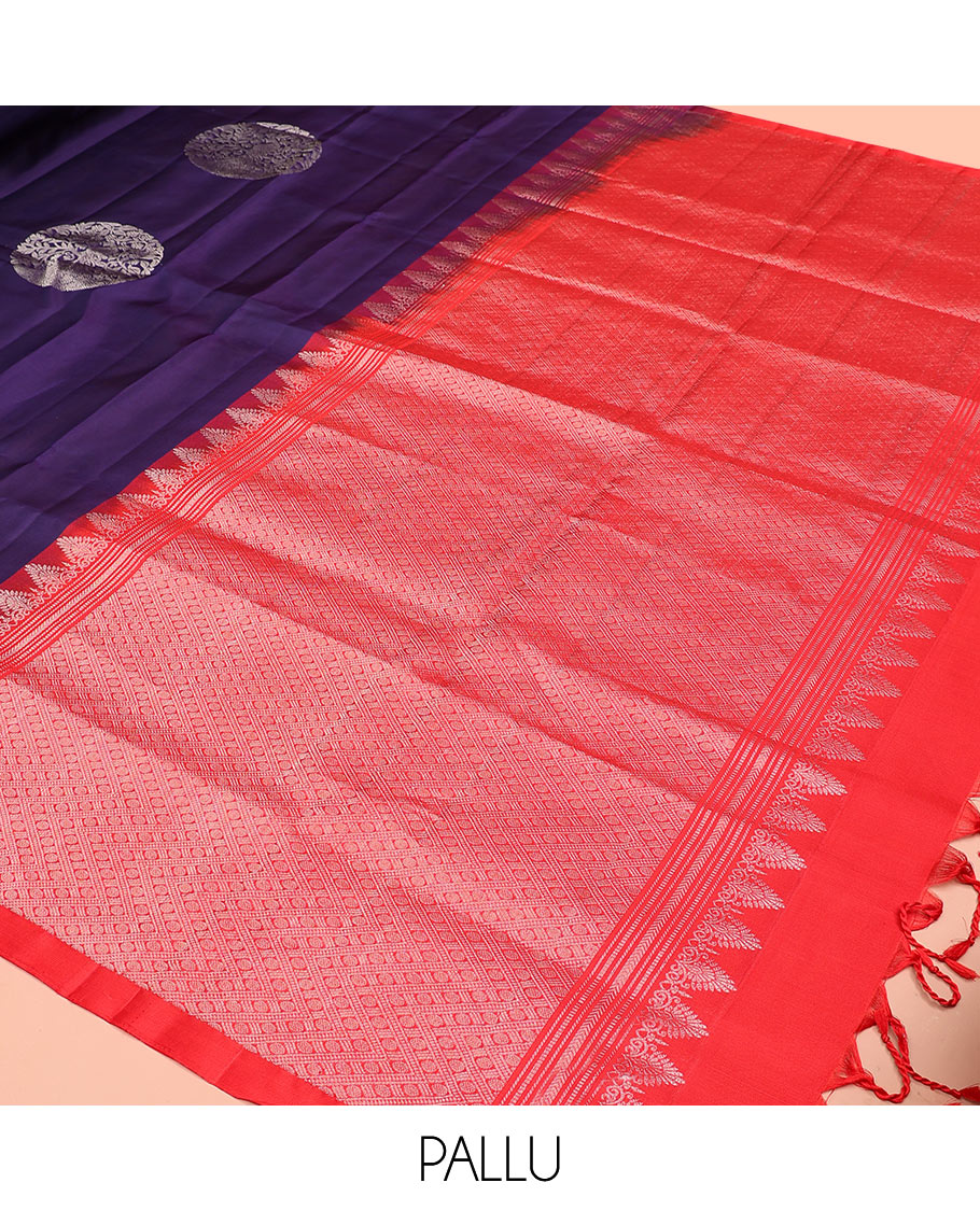 Borderless blue round buttas soft silk saree, contrast pallu steeped with rudraksham motifs