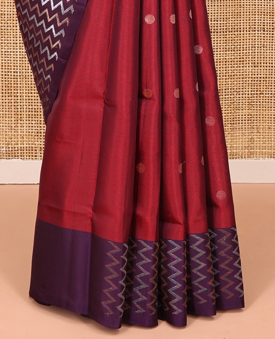 Red Mayuri Soft Silk Saree, Prettified with Buttas All Over the Body, Complemented by a Contrast Vanki Designs Border, Pallu of Vanki Designs, and Paired with a Contrast Blouse