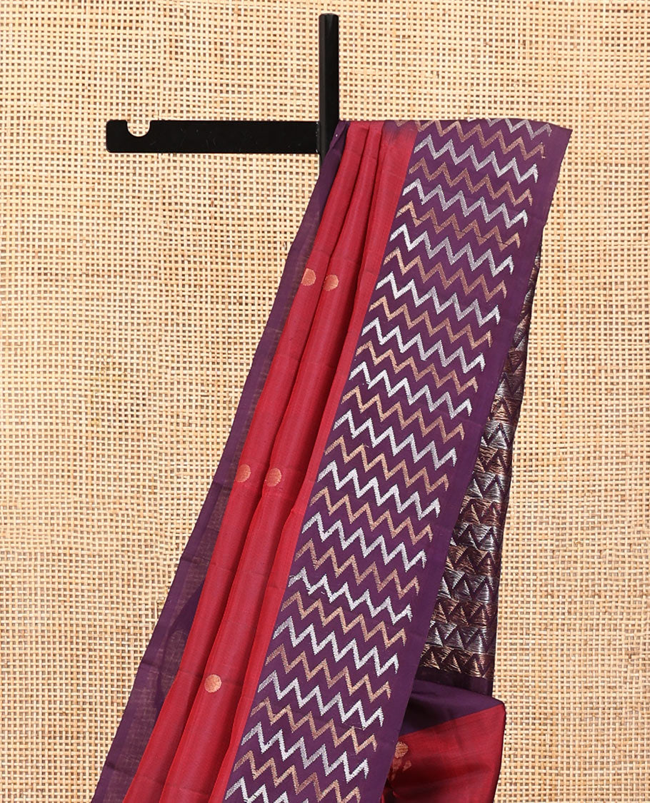 Red Mayuri Soft Silk Saree, Prettified with Buttas All Over the Body, Complemented by a Contrast Vanki Designs Border, Pallu of Vanki Designs, and Paired with a Contrast Blouse