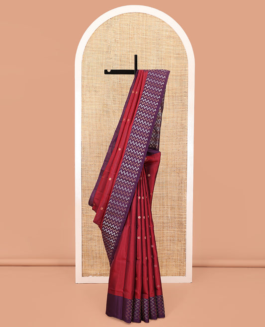 Red Mayuri Soft Silk Saree, Prettified with Buttas All Over the Body, Complemented by a Contrast Vanki Designs Border, Pallu of Vanki Designs, and Paired with a Contrast Blouse