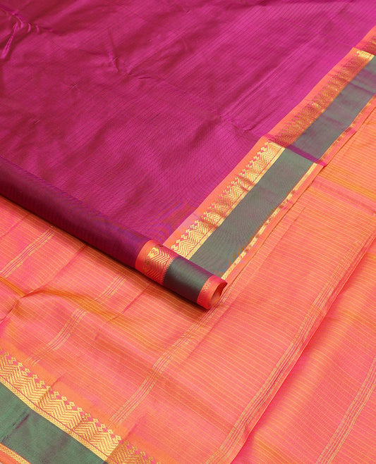 Purple vazhaipoo striped ten-yard silk saree, contrast rettai pettu border of thilakam,vanki & kathir designs & zari striped pallu