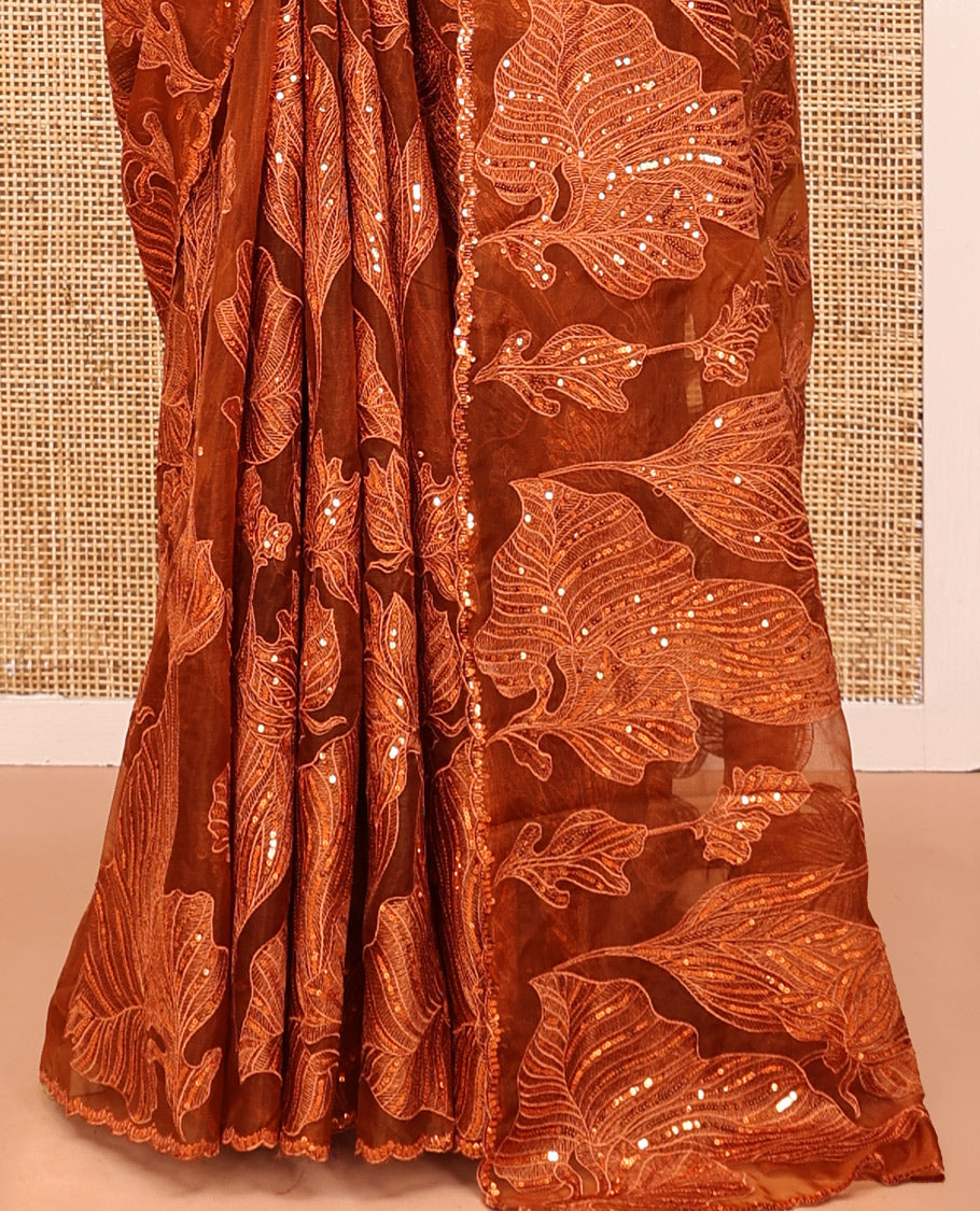 Orange Organza Saree, Gracefully Embellished with Floral Sequins-Thread Embroidery, Scallop-Embroidered Border, and a Matching Blouse