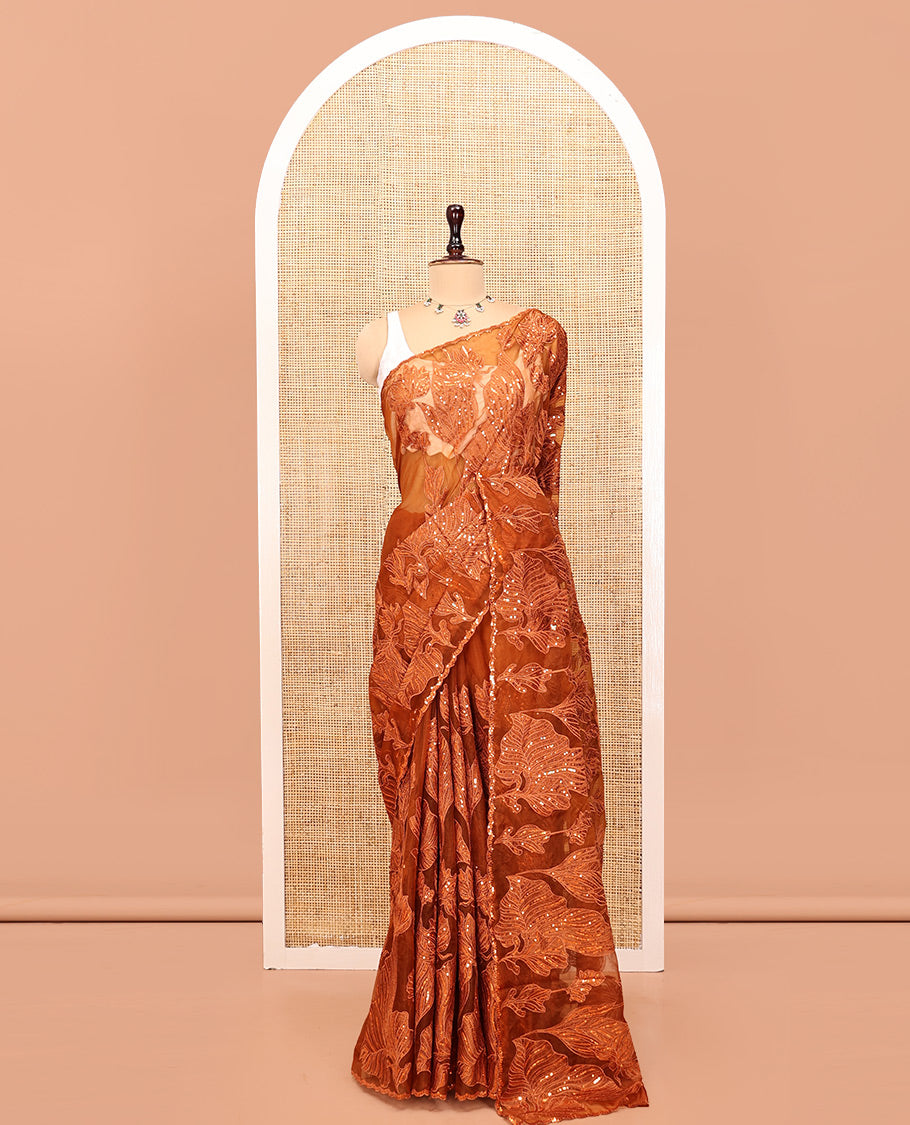 Orange Organza Saree, Gracefully Embellished with Floral Sequins-Thread Embroidery, Scallop-Embroidered Border, and a Matching Blouse