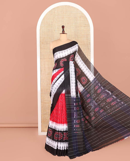 Red Odisha Cotton Saree, Embellished with Floral, Temple, and Geometric Designs on Its Body, Complemented by a Contrast Plain Border, Pallu of Ikkat Weave, and Comes Without a Blouse