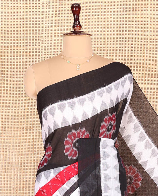 Red Odisha Cotton Saree, Embellished with Floral, Temple, and Geometric Designs on Its Body, Complemented by a Contrast Plain Border, Pallu of Ikkat Weave, and Comes Without a Blouse