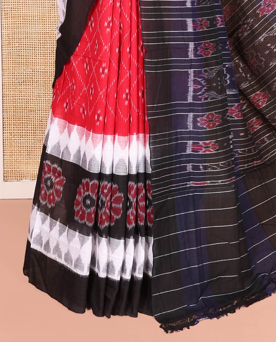 Red Odisha Cotton Saree, Embellished with Floral, Temple, and Geometric Designs on Its Body, Complemented by a Contrast Plain Border, Pallu of Ikkat Weave, and Comes Without a Blouse