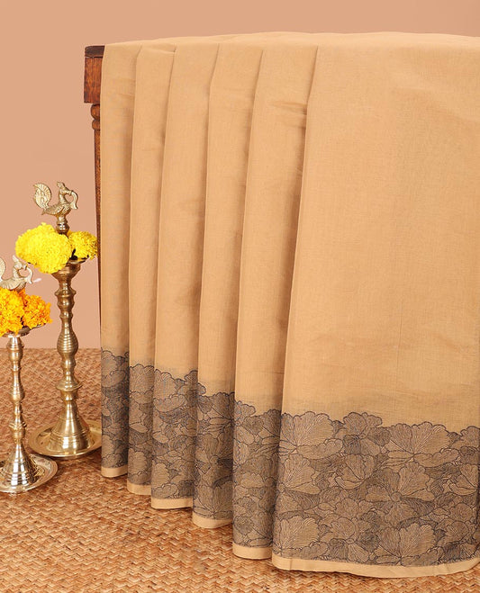Chikku color coimbatore cotton saree with contrast thread border & threaded rich pallu along with striped blouse