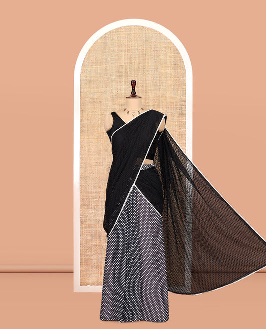 Black Half-And-Half Chiffon One-Minute Saree Features Polka Dots and Hakoba Texture, a Lace Border, and a Matching Blouse