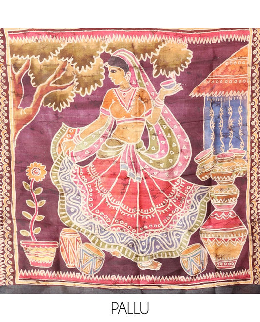 Maroon Printed Silk Saree Featuring Music Note Motifs and Musical Instruments Print, Complemented with a Contrast Temple-Printed Border, Pallu Picturing a Dancing Girl Motif Print, and Paired with a Matching Blouse