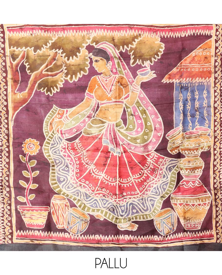 Maroon Printed Silk Saree Featuring Music Note Motifs and Musical Instruments Print, Complemented with a Contrast Temple-Printed Border, Pallu Picturing a Dancing Girl Motif Print, and Paired with a Matching Blouse