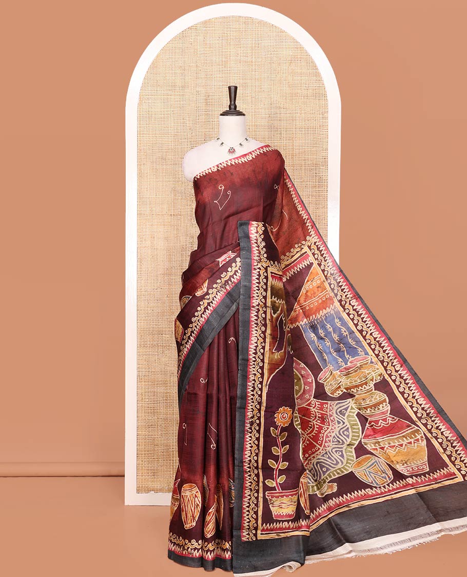 Maroon Printed Silk Saree Featuring Music Note Motifs and Musical Instruments Print, Complemented with a Contrast Temple-Printed Border, Pallu Picturing a Dancing Girl Motif Print, and Paired with a Matching Blouse