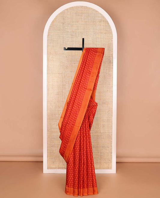 Red floral design printed silk saree with contrast intricate design border & floral design pallu