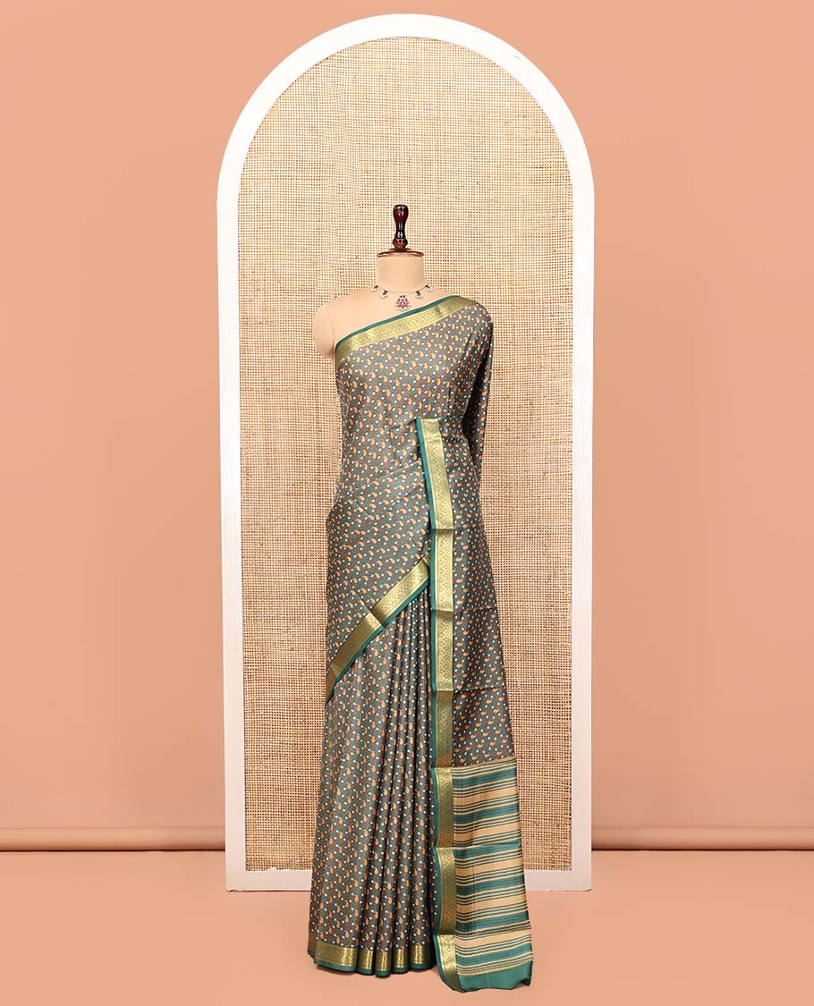 Green Printed Silk Saree, Steeped with Paisley Vine Designs, Highlighted by a Traditional Zari Border, Printed Pallu, and a Matching Blouse