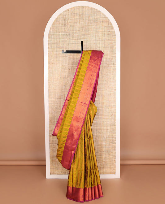 Green striped floral design soft silk saree with contrast checked design border & floral jaal design pallu