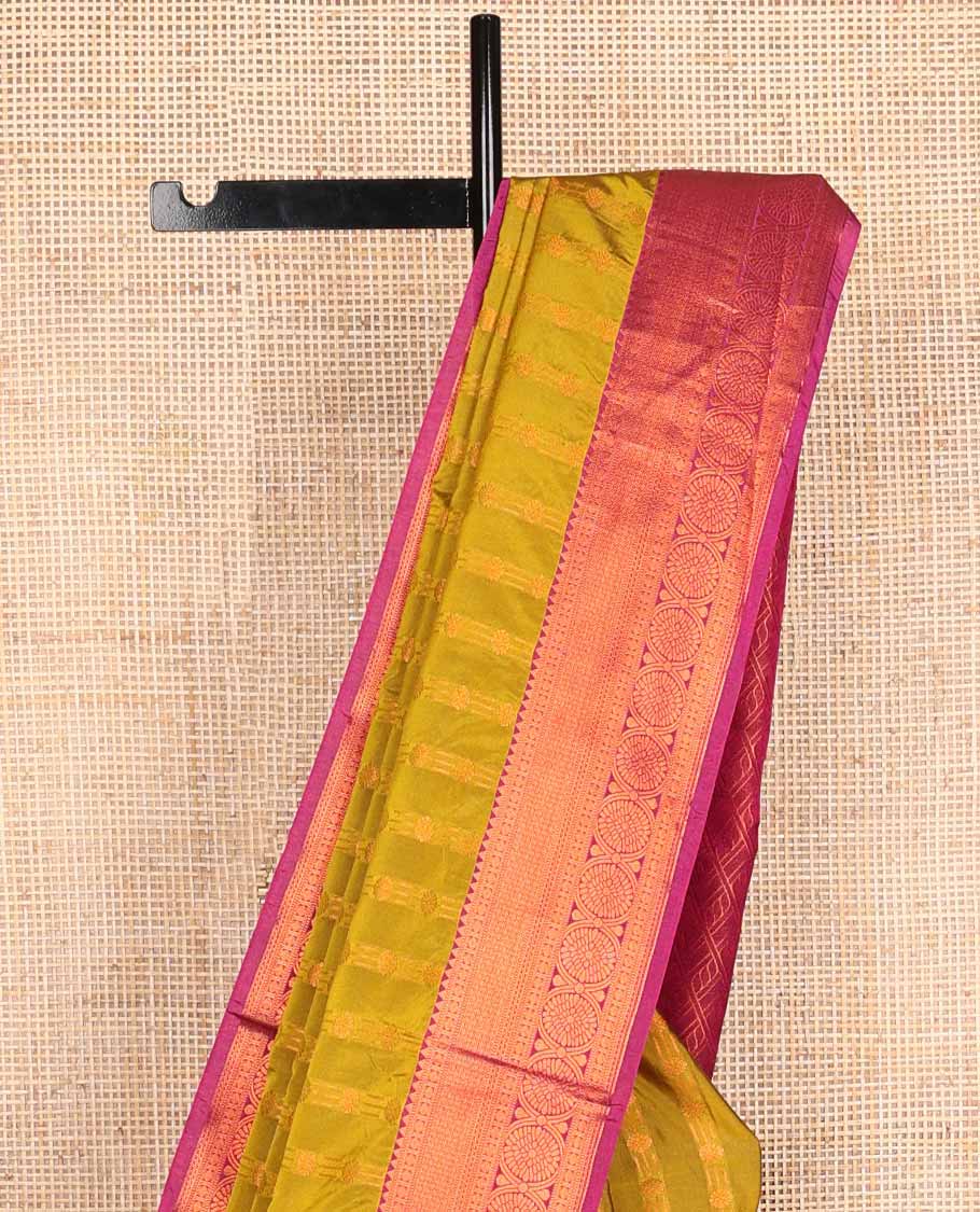 Green striped floral design soft silk saree with contrast checked design border & floral jaal design pallu