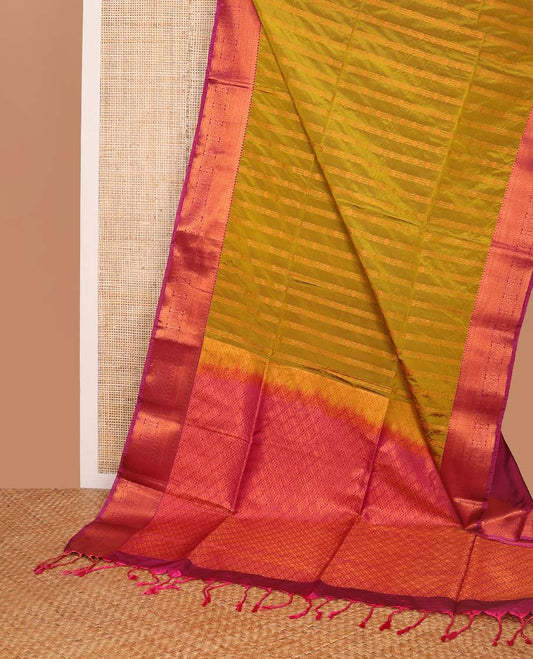 Green striped floral design soft silk saree with contrast checked design border & floral jaal design pallu