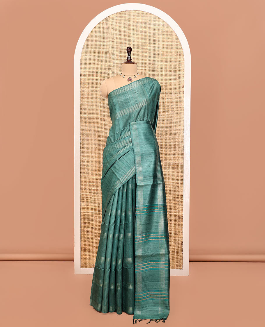 Borderless Green Tussar Silk Saree, Detailed with Stripes, a Striped Pallu, and a Matching Blouse