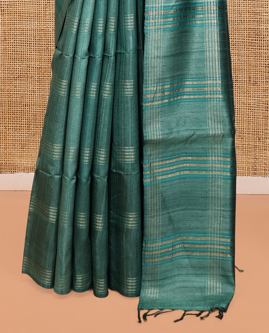 Borderless Green Tussar Silk Saree, Detailed with Stripes, a Striped Pallu, and a Matching Blouse