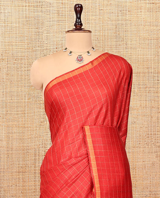 Red Checked Tussar Silk Saree, a Piping Border, Contrast Zari Striped Pallu, and Contrast Blouse