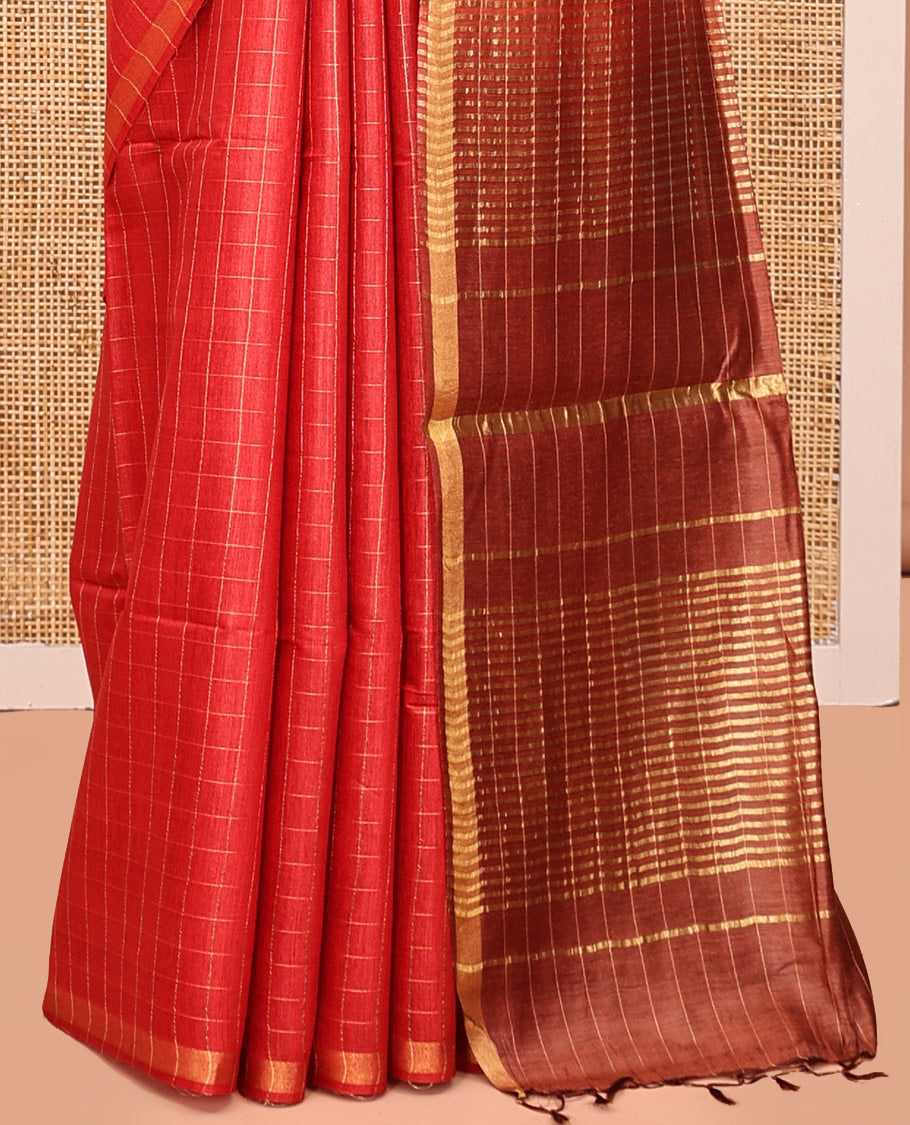 Red Checked Tussar Silk Saree, a Piping Border, Contrast Zari Striped Pallu, and Contrast Blouse