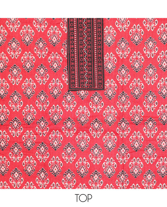 Red chudidhar material set, intricate printed & embroidered top, contrast plain bottom, & thread embroidered  dupatta