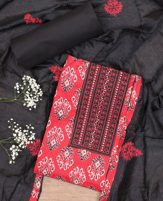 Red chudidhar material set, intricate printed & embroidered top, contrast plain bottom, & thread embroidered  dupatta