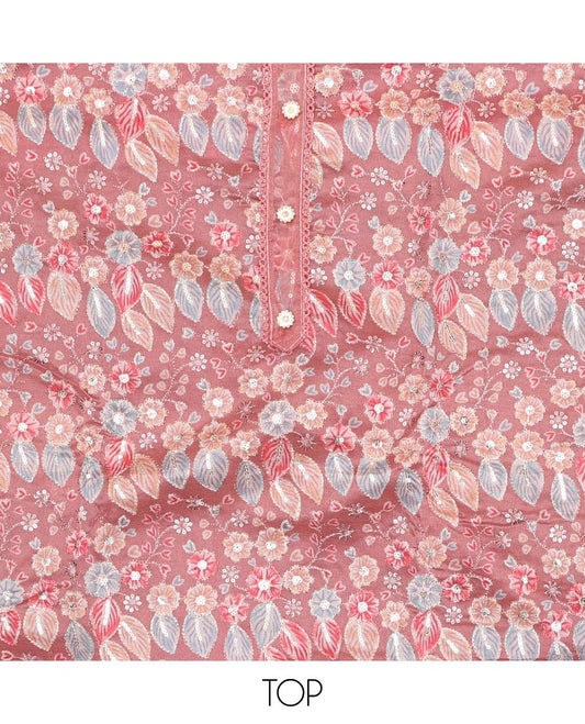 Pink organza chudidhar material set,floral print & sequins embroidery tissue top & floral vine embroidery dupatta