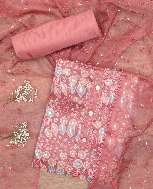 Pink organza chudidhar material set,floral print & sequins embroidery tissue top & floral vine embroidery dupatta
