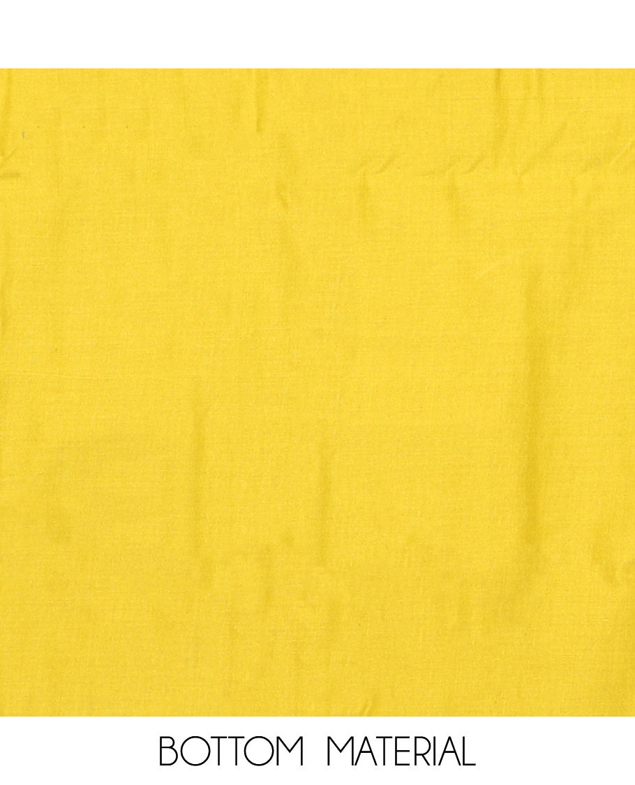 Yellow material chudidar set, ikkat jaal printed with neck embroidered top, plain bottom, and sequins embroidered dupatta