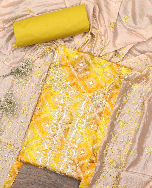 Yellow material chudidar set, ikkat jaal printed with neck embroidered top, plain bottom, and sequins embroidered dupatta