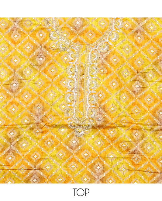 Yellow material chudidar set, ikkat jaal printed with neck embroidered top, plain bottom, and sequins embroidered dupatta