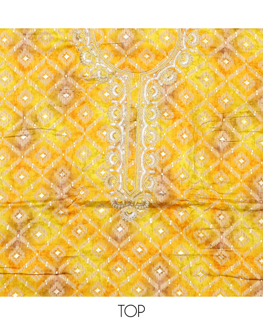 Yellow material chudidar set, ikkat jaal printed with neck embroidered top, plain bottom, and sequins embroidered dupatta