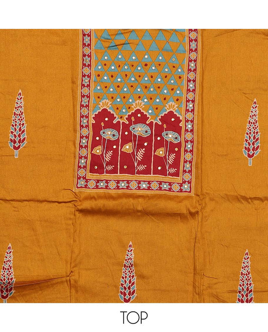 Mustard material chudidar set, Ajrakh print with mirror work neck embroidered top, plain bottom, and plain lace border dupatta