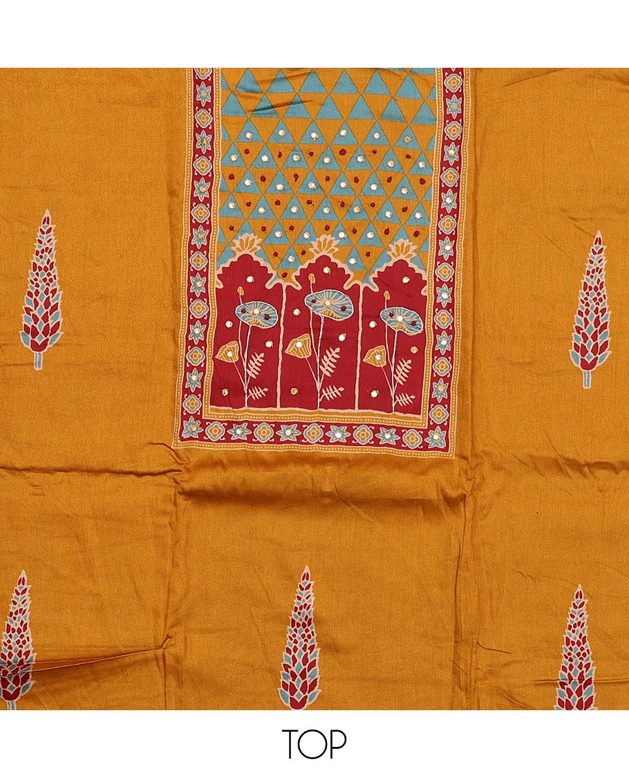 Mustard material chudidar set, Ajrakh print with mirror work neck embroidered top, plain bottom, and plain lace border dupatta