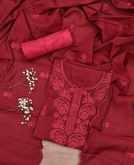 Maroon Material Chudidar Set, Subtly Woven with Lucknowi Chikankari-Style Floral-Leaf Neck Embroidery on Muslin Top, a Plain Santoon Bottom, and Paired with a Lucknowi Chikankari-Style Embroidered Muslin Scallop Dupatta