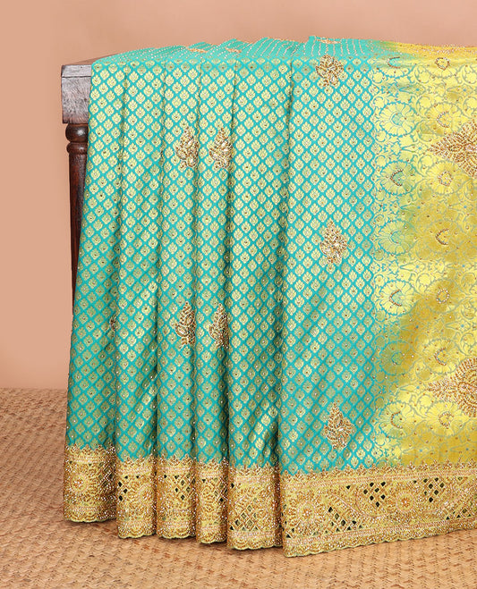 Green jacquard embroidered silk saree, contrast stone embroidered scallop zari design cut work border & zari woven & stone embroidered pallu
