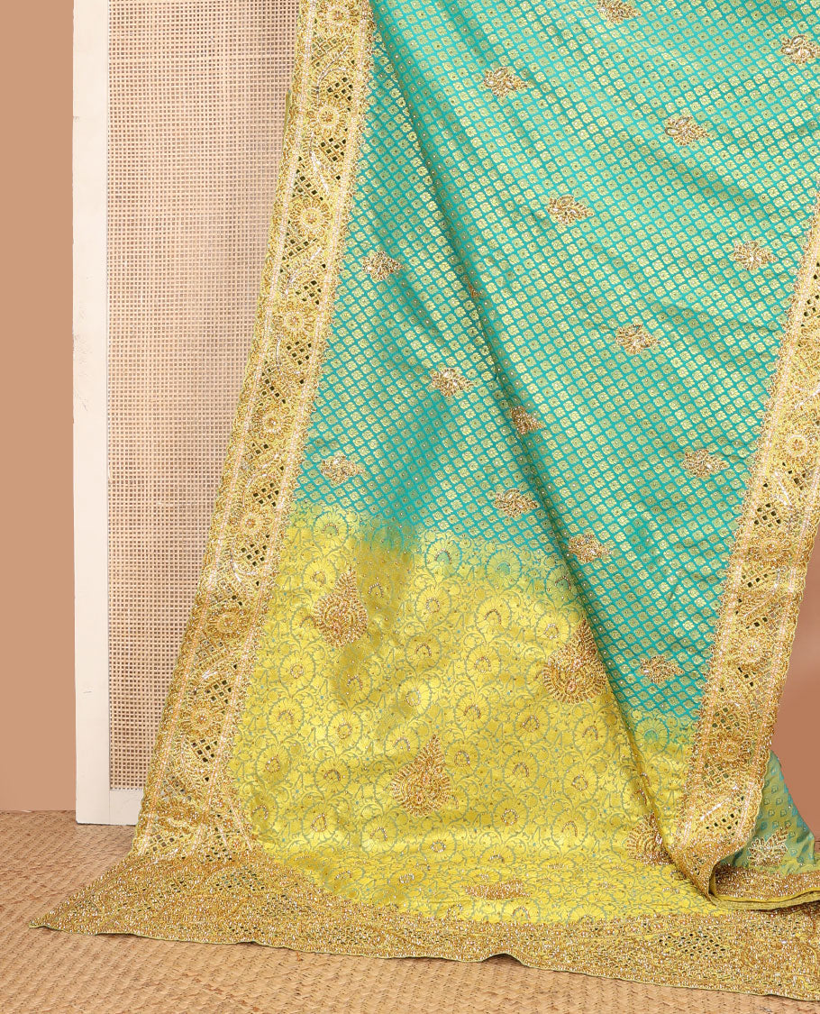 Green jacquard embroidered silk saree, contrast stone embroidered scallop zari design cut work border & zari woven & stone embroidered pallu
