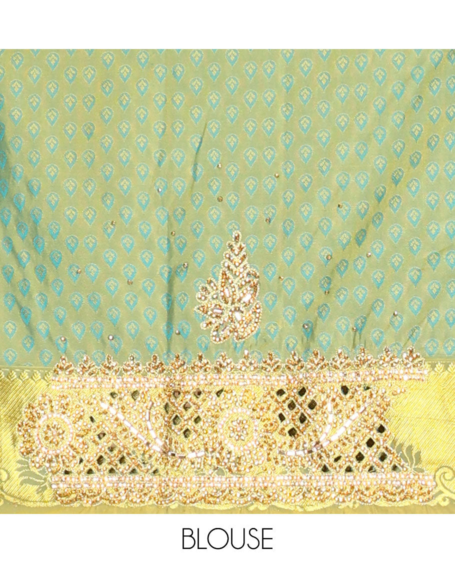 Green jacquard embroidered silk saree, contrast stone embroidered scallop zari design cut work border & zari woven & stone embroidered pallu