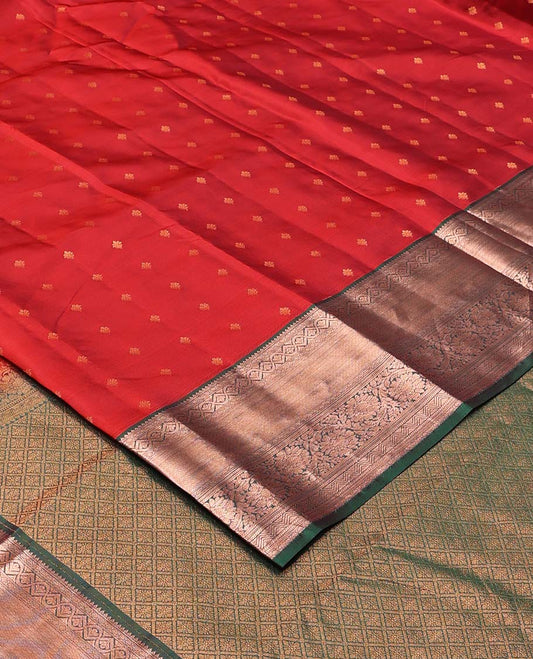 Red zari buttas Vasundhara silk mix saree, contrast traditional zari design border, and jaal pallu