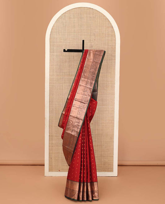 Red zari buttas Vasundhara silk mix saree, contrast traditional zari design border, and jaal pallu