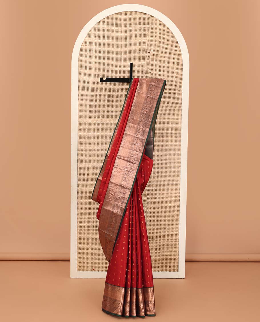 Red zari buttas Vasundhara silk mix saree, contrast traditional zari design border, and jaal pallu