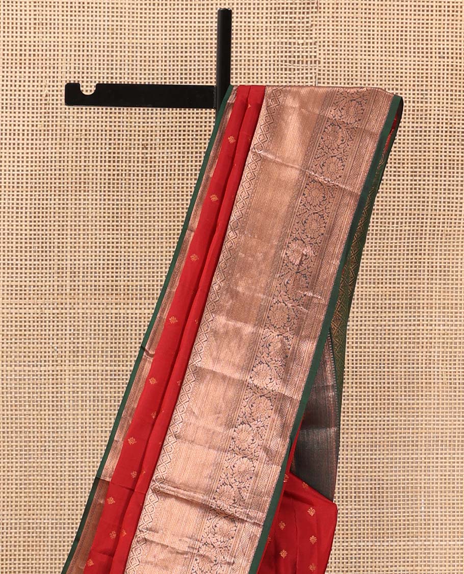 Red zari buttas Vasundhara silk mix saree, contrast traditional zari design border, and jaal pallu