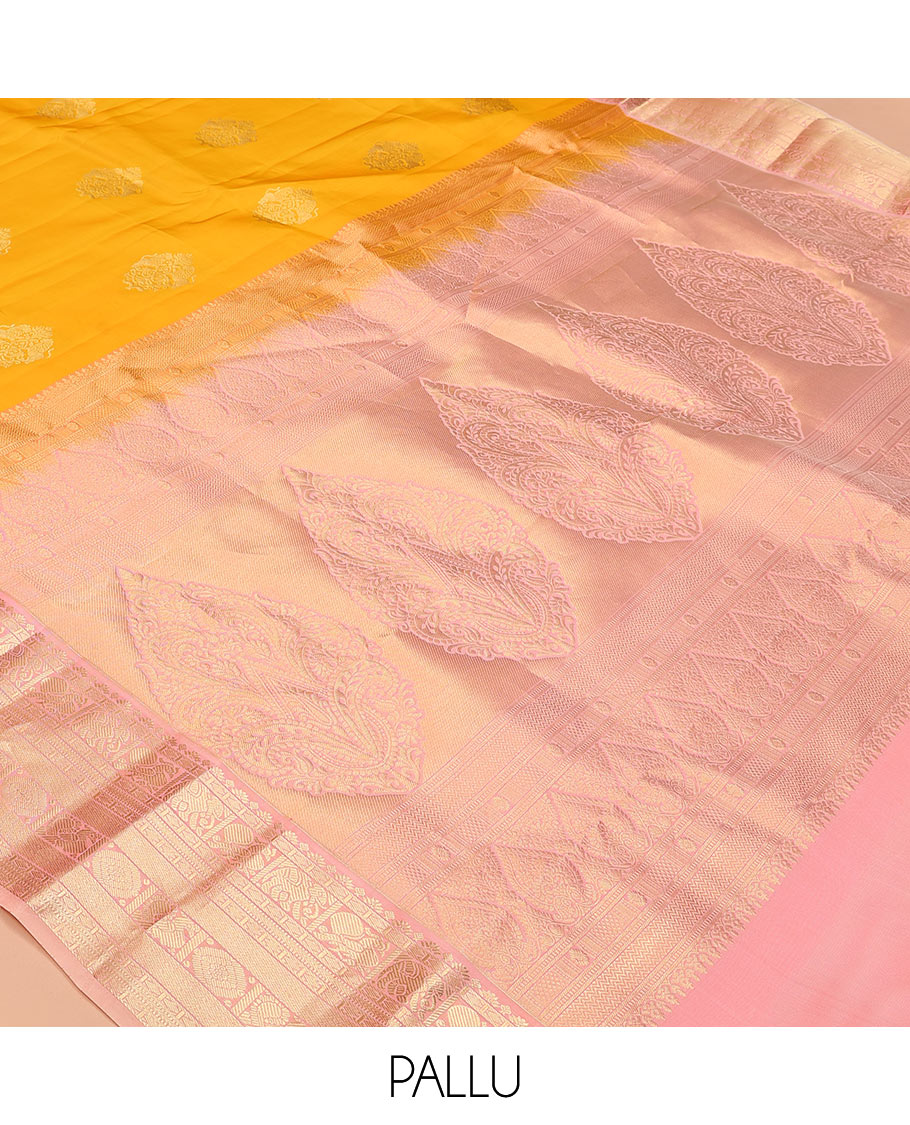 Yellow Vasundhara Lite Silk Mix Saree Ornamented with Singam Buttas, Complemented by a Contrast Border Featuring Yaanai, Mayil, Chakram, and Manga Designs, Intricately Zari Decked Up Pallu, and a Contrast Blouse