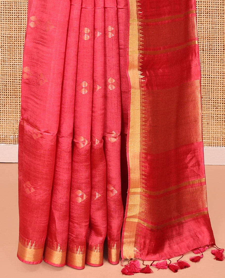 Red Banana Pith Saree, Detailed with Diamond Buttas on Its Body, Subtle Temple Border, Pallu Steeped with Zari Stripes, and Paired with a Matching Blouse